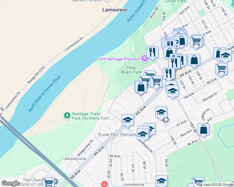 map of restaurants, bars, coffee shops, grocery stores, and more near 9930 100 Avenue in Fort Saskatchewan
