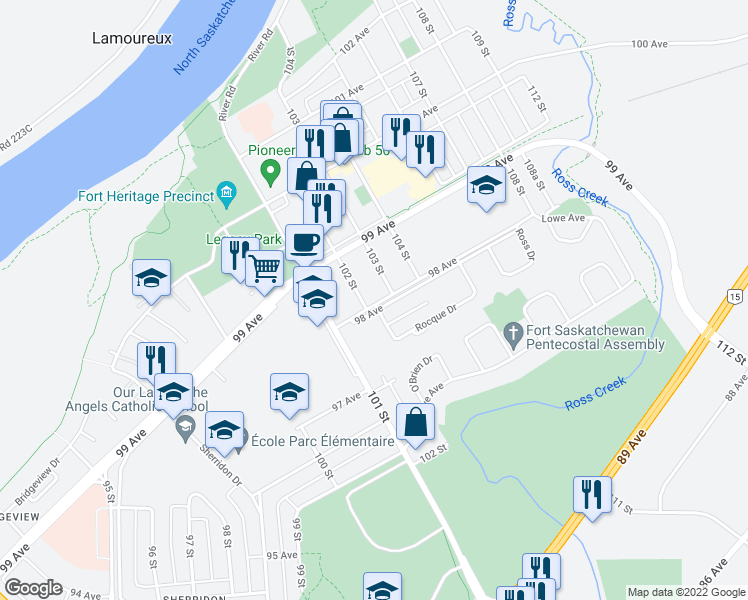 map of restaurants, bars, coffee shops, grocery stores, and more near 10208 98 Avenue in Fort Saskatchewan