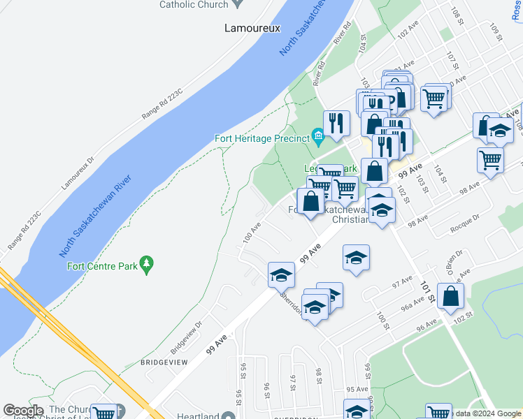 map of restaurants, bars, coffee shops, grocery stores, and more near 9932 100 Avenue in Fort Saskatchewan