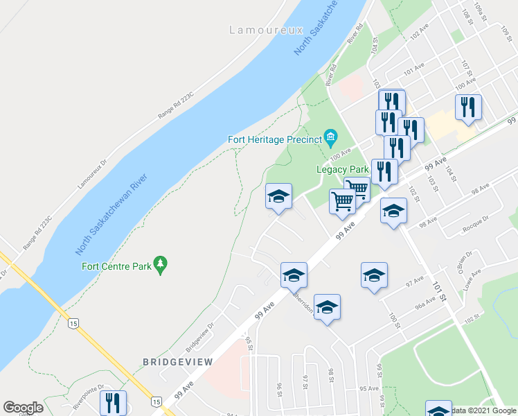 map of restaurants, bars, coffee shops, grocery stores, and more near 9930 100 Avenue in Fort Saskatchewan