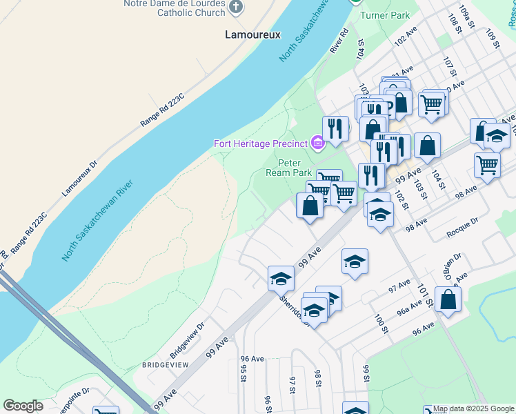 map of restaurants, bars, coffee shops, grocery stores, and more near 1 Century Villas Court in Fort Saskatchewan