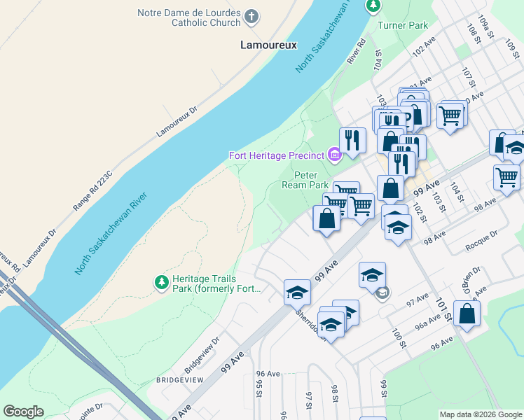 map of restaurants, bars, coffee shops, grocery stores, and more near 9932 100 Avenue in Fort Saskatchewan