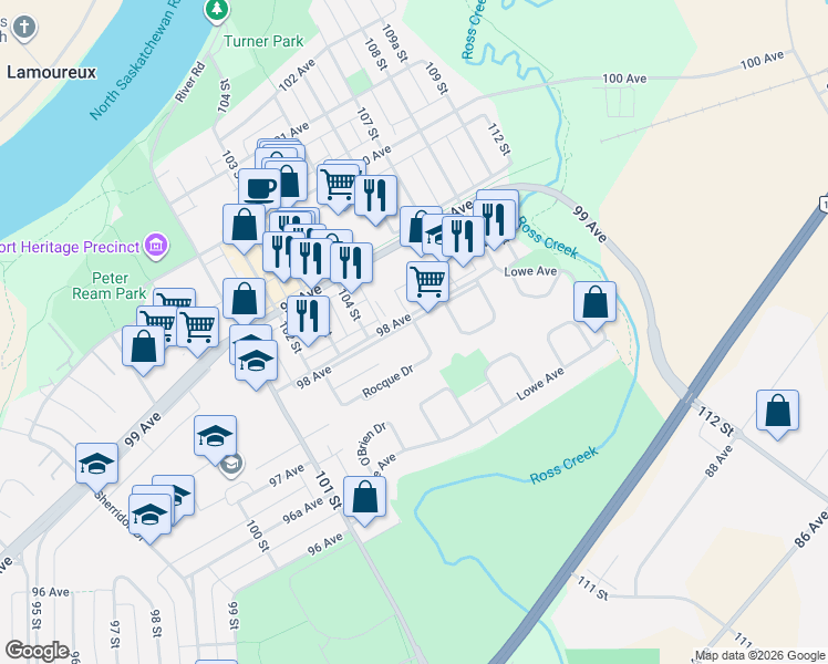 map of restaurants, bars, coffee shops, grocery stores, and more near 10501 98 Avenue in Fort Saskatchewan