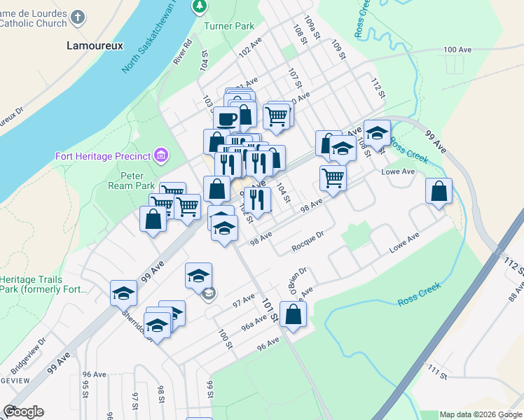 map of restaurants, bars, coffee shops, grocery stores, and more near 9816 103 Street in Fort Saskatchewan