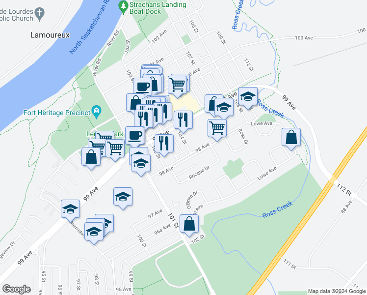 map of restaurants, bars, coffee shops, grocery stores, and more near 9804 104 Street in Fort Saskatchewan