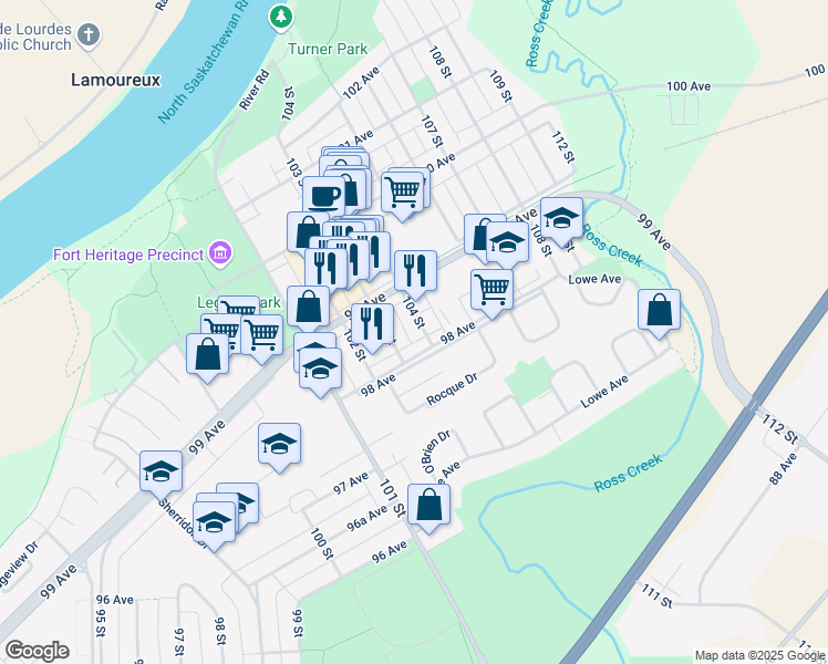 map of restaurants, bars, coffee shops, grocery stores, and more near 10327 99 Avenue in Fort Saskatchewan