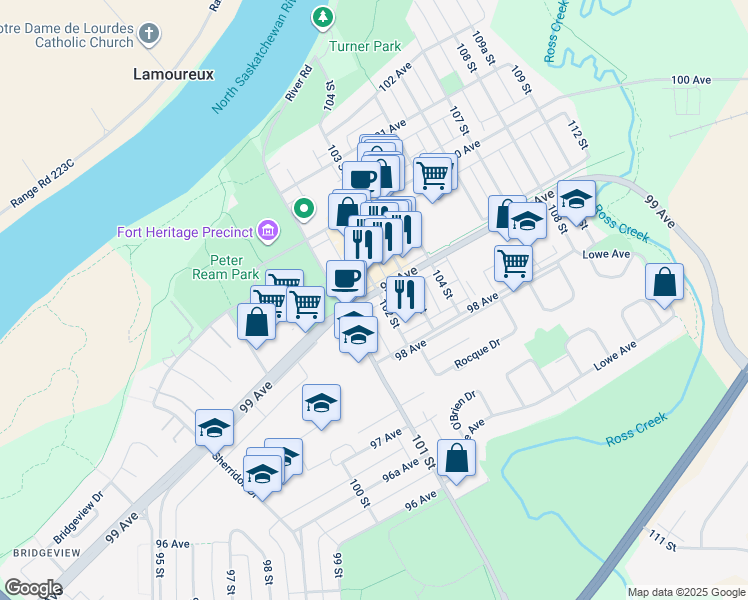 map of restaurants, bars, coffee shops, grocery stores, and more near 10108 99 Avenue in Fort Saskatchewan