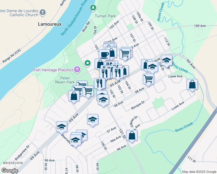 map of restaurants, bars, coffee shops, grocery stores, and more near 10108 99 Ave in Fort Saskatchewan