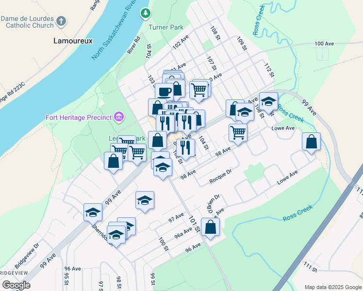 map of restaurants, bars, coffee shops, grocery stores, and more near 10303 99 Avenue in Fort Saskatchewan