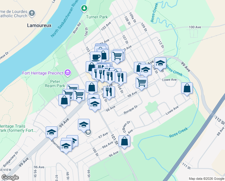 map of restaurants, bars, coffee shops, grocery stores, and more near 9817 103 Street in Fort Saskatchewan