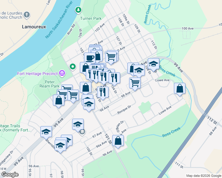 map of restaurants, bars, coffee shops, grocery stores, and more near 9820 104 Street in Fort Saskatchewan