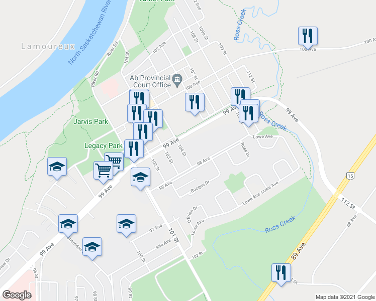 map of restaurants, bars, coffee shops, grocery stores, and more near 9819 104 Street in Fort Saskatchewan