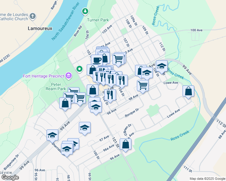 map of restaurants, bars, coffee shops, grocery stores, and more near 10303 99 Avenue in Fort Saskatchewan