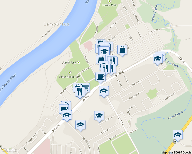 map of restaurants, bars, coffee shops, grocery stores, and more near 9904 101 Street in Fort Saskatchewan