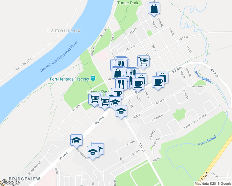 map of restaurants, bars, coffee shops, grocery stores, and more near 9904 101 Street in Fort Saskatchewan