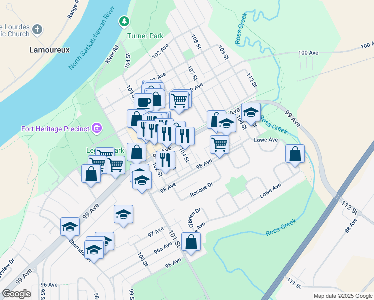 map of restaurants, bars, coffee shops, grocery stores, and more near 10327 99 Avenue in Fort Saskatchewan