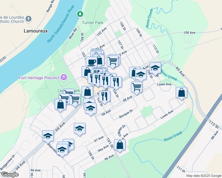 map of restaurants, bars, coffee shops, grocery stores, and more near 10327 99 Avenue in Fort Saskatchewan