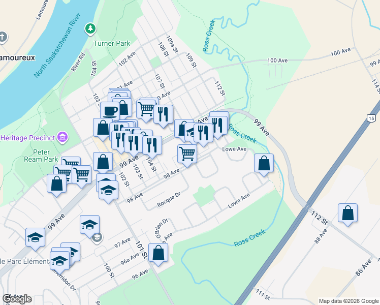 map of restaurants, bars, coffee shops, grocery stores, and more near 10470 98 Avenue in Fort Saskatchewan