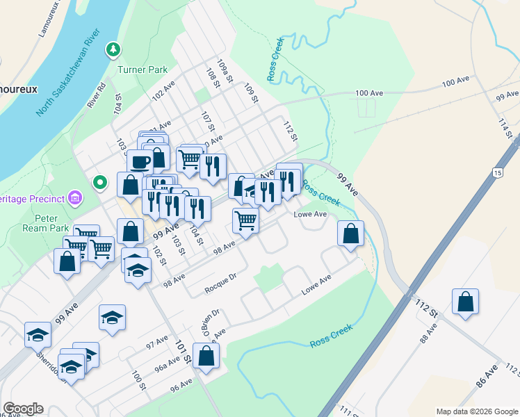 map of restaurants, bars, coffee shops, grocery stores, and more near 10471 99 Avenue in Fort Saskatchewan