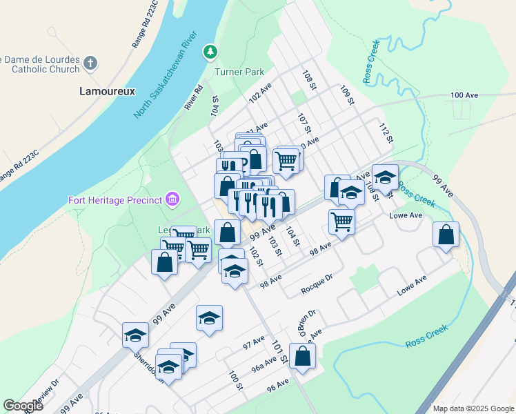 map of restaurants, bars, coffee shops, grocery stores, and more near 9909 103 Street in Fort Saskatchewan