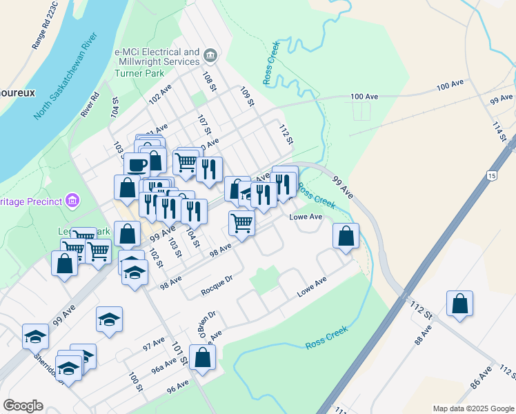 map of restaurants, bars, coffee shops, grocery stores, and more near 10471 99 Avenue in Fort Saskatchewan