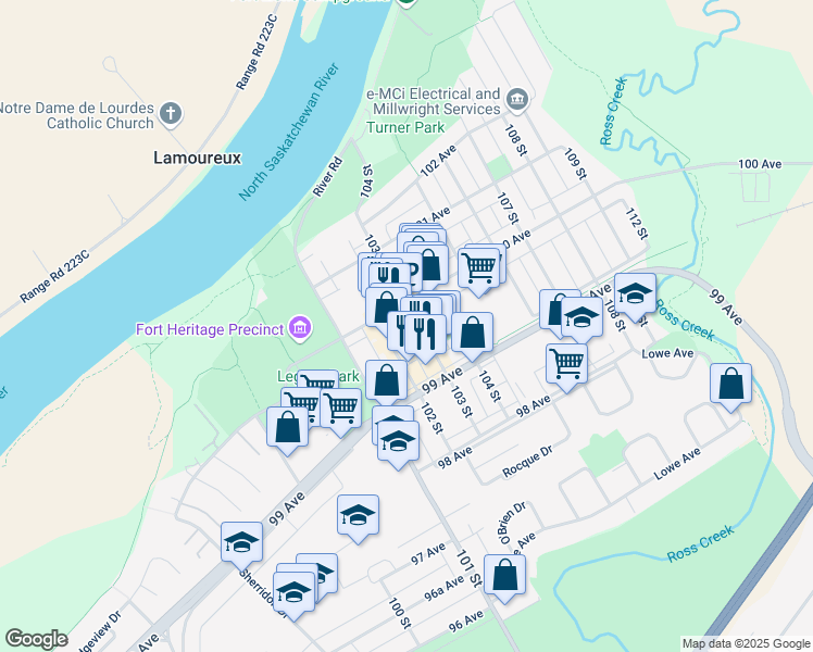 map of restaurants, bars, coffee shops, grocery stores, and more near 9922 103 Street in Fort Saskatchewan