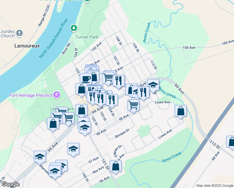 map of restaurants, bars, coffee shops, grocery stores, and more near 10420 99 Avenue in Fort Saskatchewan