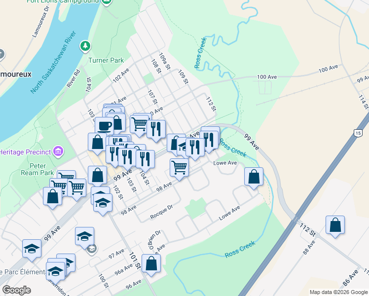 map of restaurants, bars, coffee shops, grocery stores, and more near 10471 99 Avenue in Fort Saskatchewan
