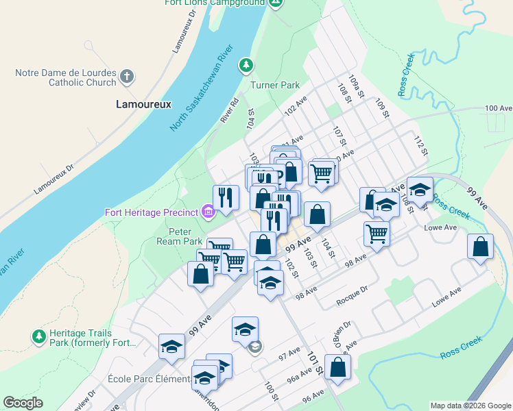 map of restaurants, bars, coffee shops, grocery stores, and more near 100 Avenue in Fort Saskatchewan