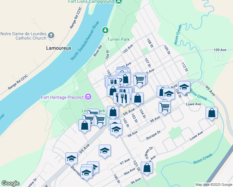 map of restaurants, bars, coffee shops, grocery stores, and more near 9922 103 Street in Fort Saskatchewan