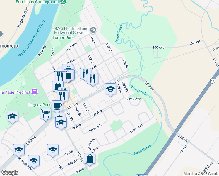 map of restaurants, bars, coffee shops, grocery stores, and more near 10471 99 Avenue in Fort Saskatchewan