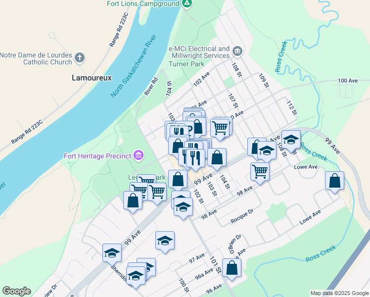 map of restaurants, bars, coffee shops, grocery stores, and more near 9922 103 Street in Fort Saskatchewan