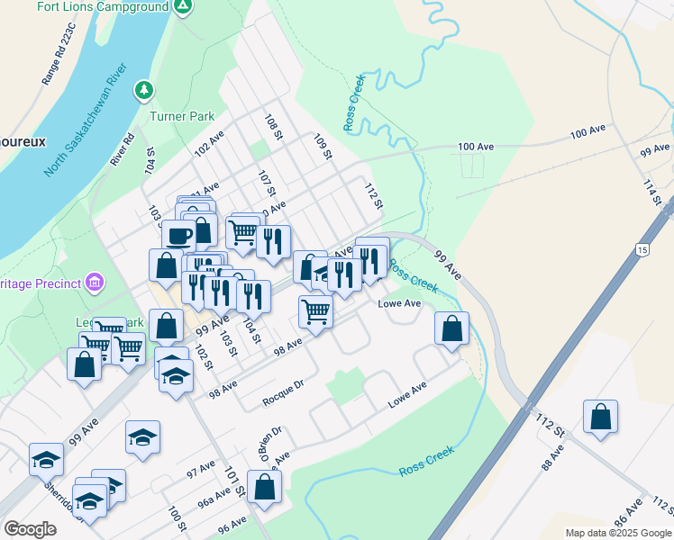 map of restaurants, bars, coffee shops, grocery stores, and more near 10471 99 Avenue in Fort Saskatchewan