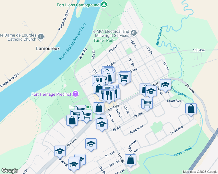 map of restaurants, bars, coffee shops, grocery stores, and more near 10303 100 Avenue in Fort Saskatchewan