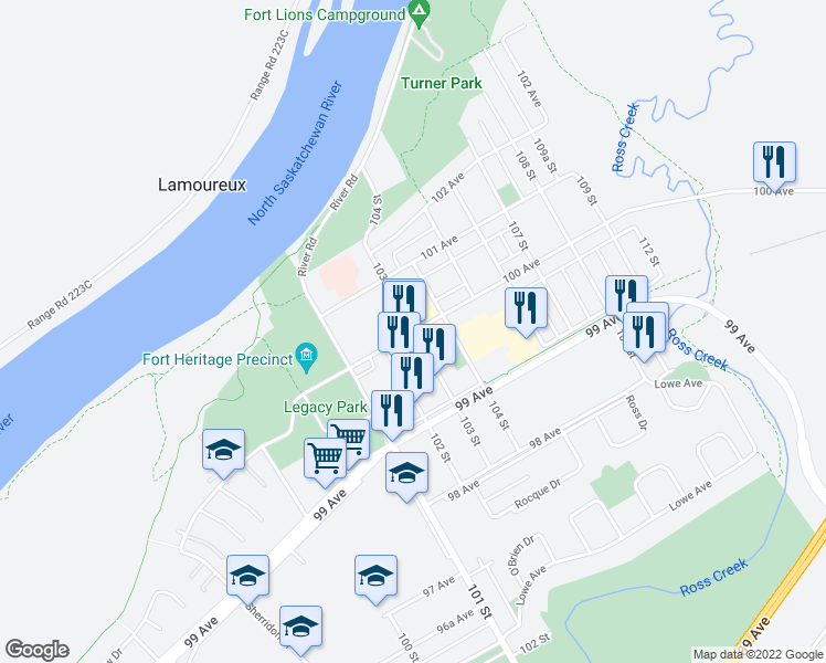 map of restaurants, bars, coffee shops, grocery stores, and more near 103 Street in Fort Saskatchewan