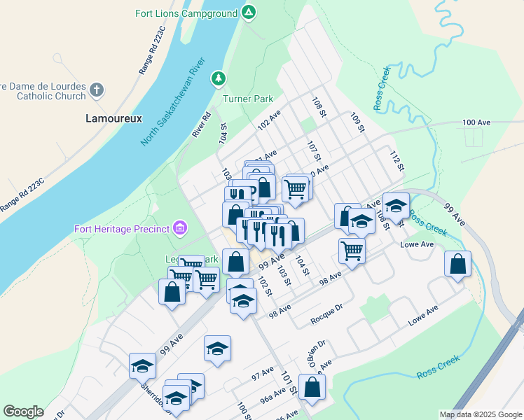 map of restaurants, bars, coffee shops, grocery stores, and more near 10303 100 Avenue in Fort Saskatchewan