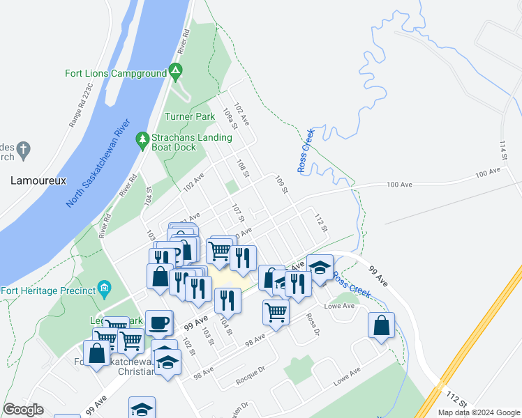 map of restaurants, bars, coffee shops, grocery stores, and more near 10002 108 Street in Fort Saskatchewan