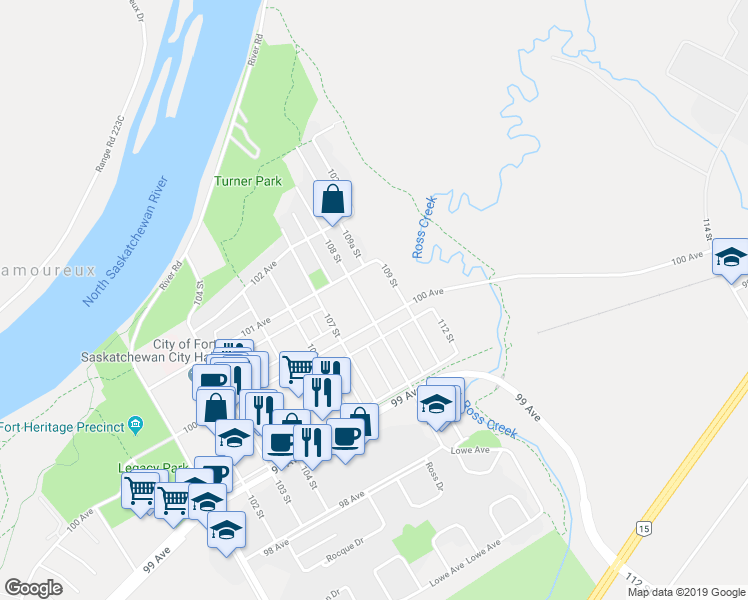 map of restaurants, bars, coffee shops, grocery stores, and more near 10005 108 Street in Fort Saskatchewan