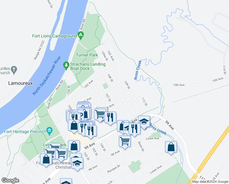 map of restaurants, bars, coffee shops, grocery stores, and more near 10010 108 Street in Fort Saskatchewan