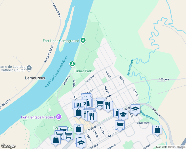 map of restaurants, bars, coffee shops, grocery stores, and more near 10604 102 Avenue in Fort Saskatchewan