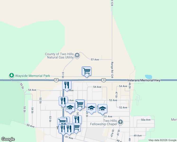 map of restaurants, bars, coffee shops, grocery stores, and more near 4905 55 Avenue in Two Hills
