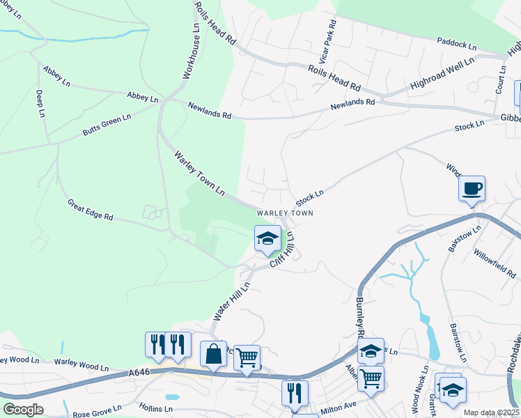 map of restaurants, bars, coffee shops, grocery stores, and more near Warley Town Lane in West Yorkshire