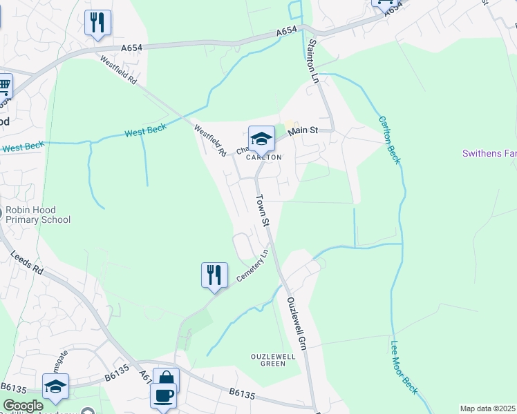 map of restaurants, bars, coffee shops, grocery stores, and more near Town Street in West Yorkshire