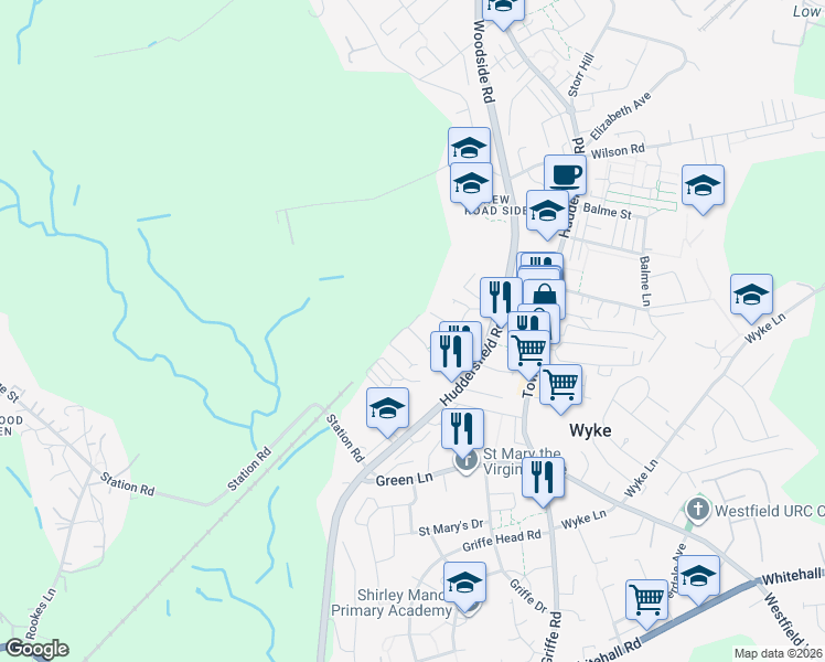 map of restaurants, bars, coffee shops, grocery stores, and more near Hudson View in Wyke
