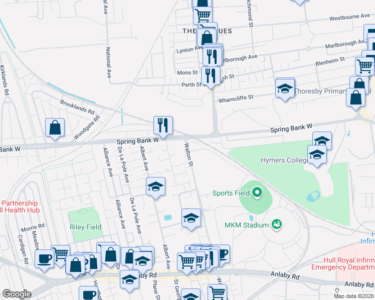 map of restaurants, bars, coffee shops, grocery stores, and more near 244 Walton Street in Kingston upon Hull