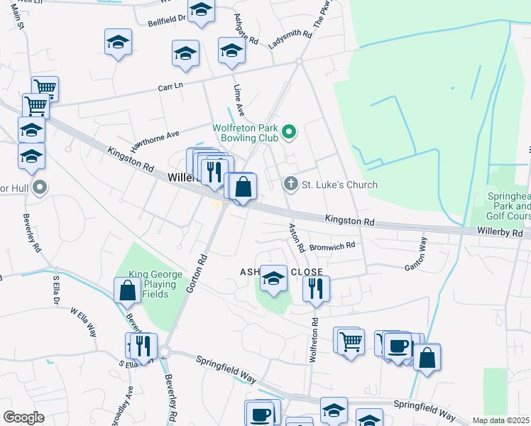 map of restaurants, bars, coffee shops, grocery stores, and more near 200 Kingston Road in Willerby