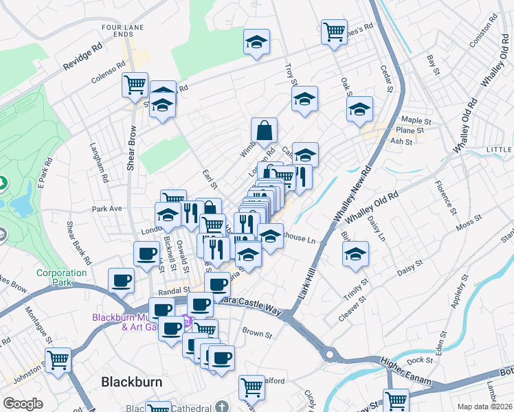 map of restaurants, bars, coffee shops, grocery stores, and more near Millham Street in Blackburn with Darwen