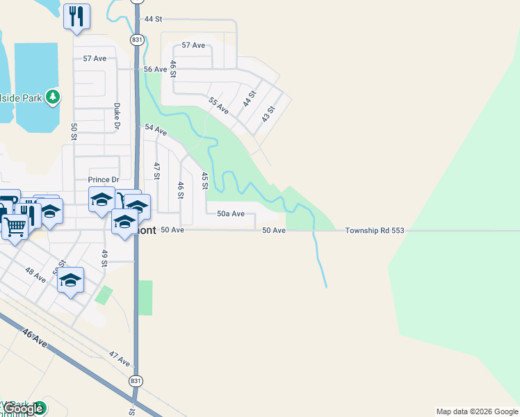 map of restaurants, bars, coffee shops, grocery stores, and more near 5004 44 Street in Lamont