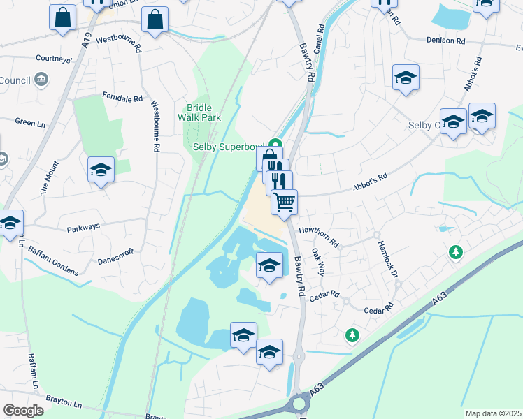 map of restaurants, bars, coffee shops, grocery stores, and more near Three Lakes Retail Park in Selby