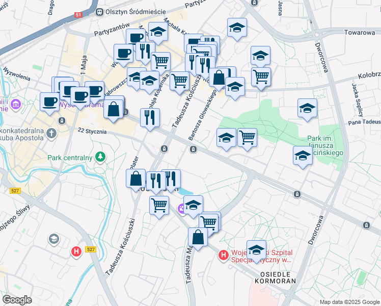 map of restaurants, bars, coffee shops, grocery stores, and more near 36 aleja Marszałka Józefa Piłsudskiego in Olsztyn